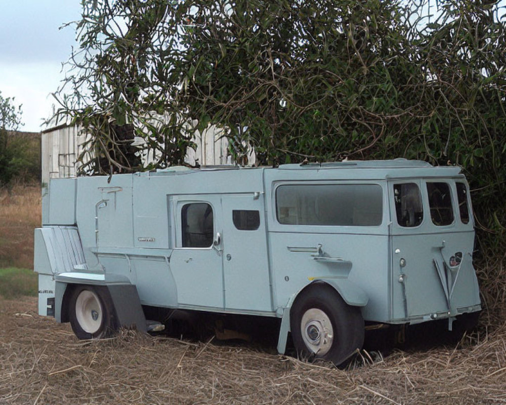 Vintage light blue 6-wheeled armored vehicle parked in front of bush with building in background