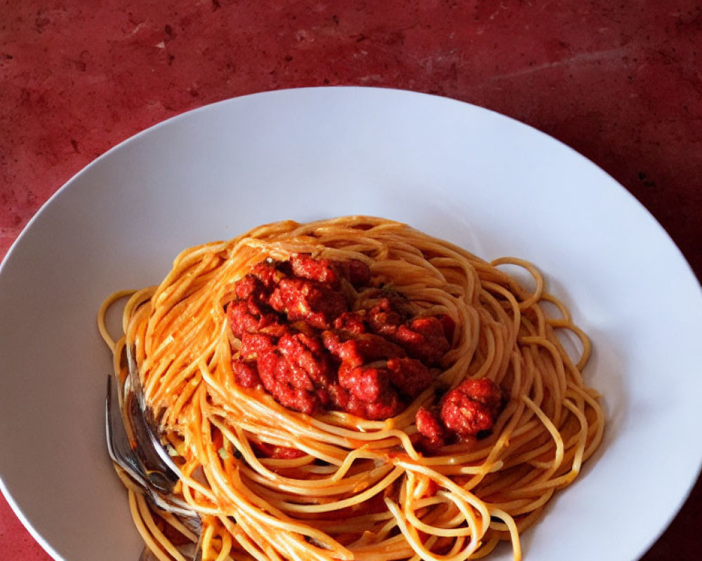 Plate of spaghetti with tomato sauce, meatballs, and fork on red textured surface