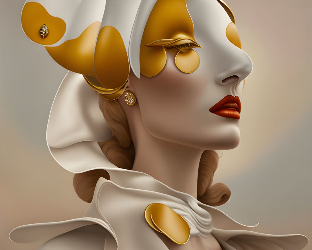 Digital portrait of woman in golden and white drapery with sculptural headdress