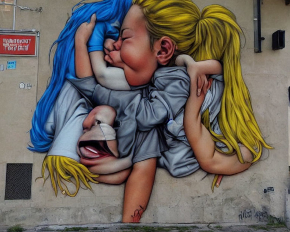 Hyperrealistic blue and yellow hair faces embrace on building wall