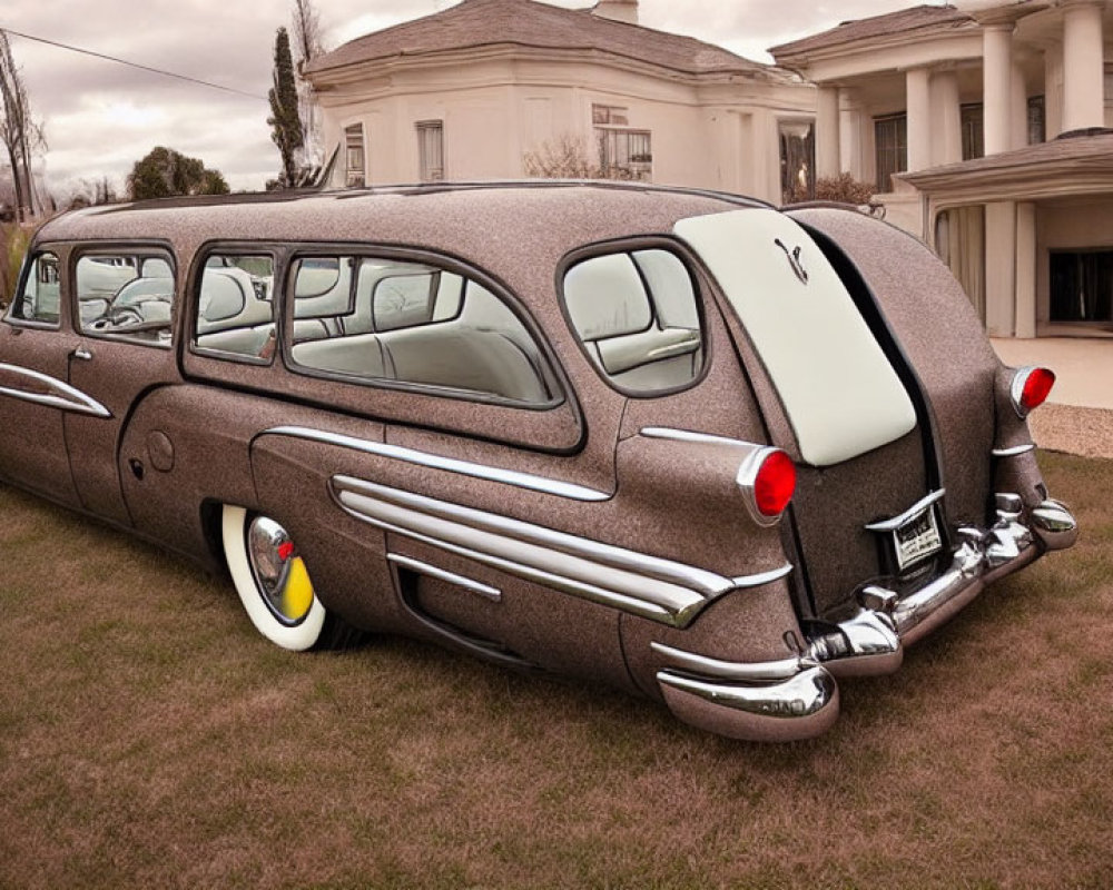 Vintage car with unique brown paint job, multiple doors, parked in front of large house on lawn under