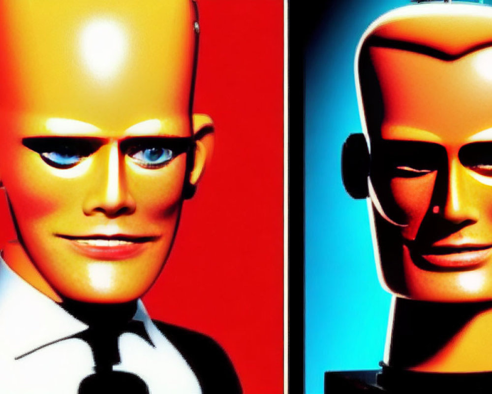 Stylized humanoid robots in formal attire on red and blue background