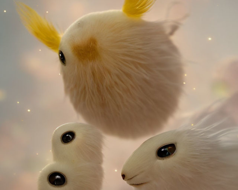 Three fluffy creatures with big eyes and yellow feathers in a starlit scene.