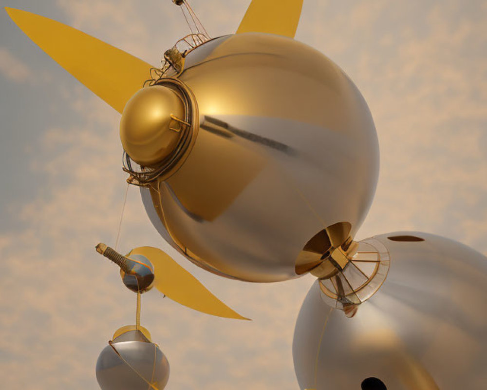 Golden spherical satellites with protruding panels in soft sunset sky.