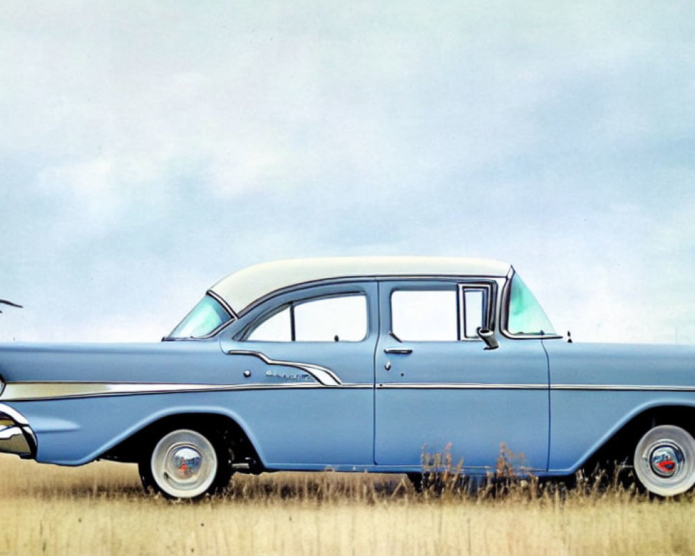 Vintage Blue Sedan Parked in Grassy Field with Winged Creature Drawing