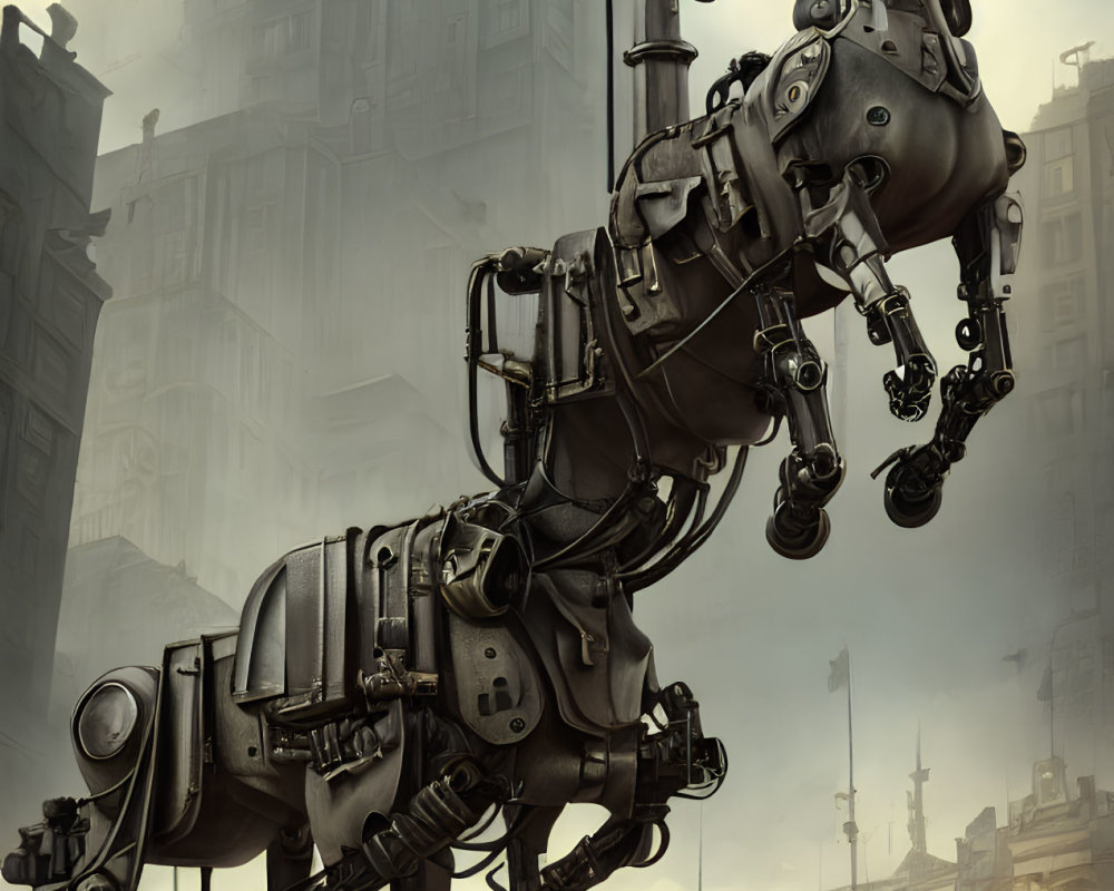 Intricate steampunk mechanical horse in urban foggy setting