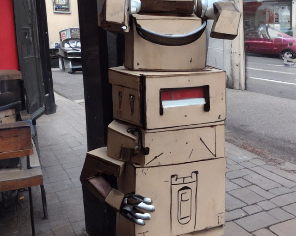 Life-sized cardboard robot sculpture on sidewalk with chairs