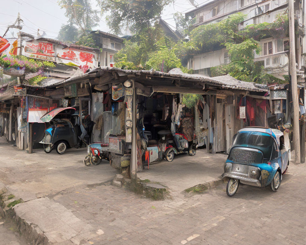 Weathered wooden shacks and Chinese signage in rustic street scene