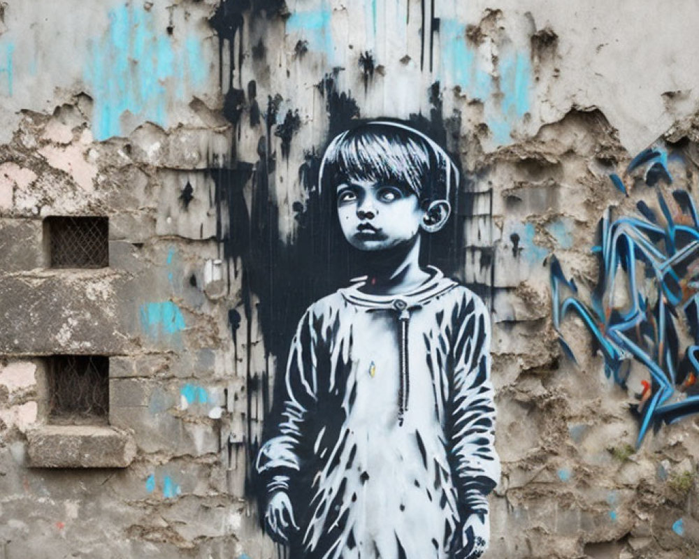 Monochrome street art of child with paint drips on worn wall