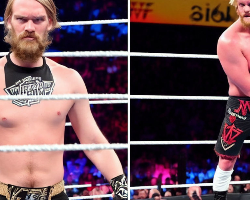 Bearded wrestler with long blonde hair in black and red attire in a ring