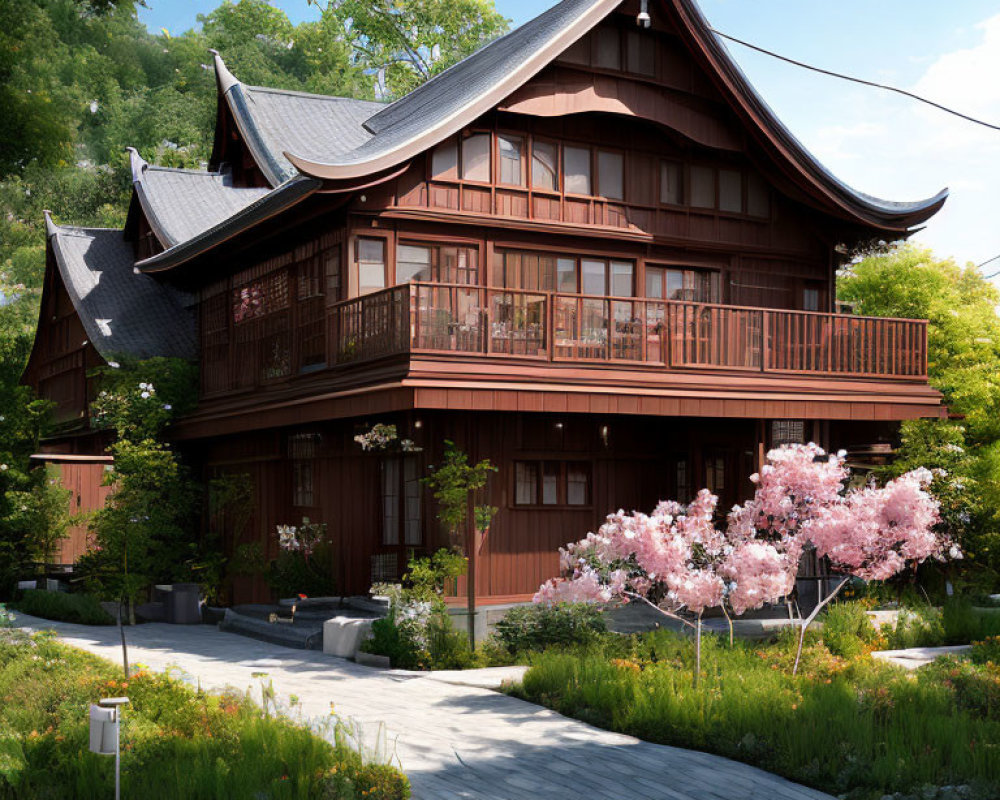 Traditional Japanese-style House with Wooden Facade, Tile Roof, Balcony, Trees, and Cherry