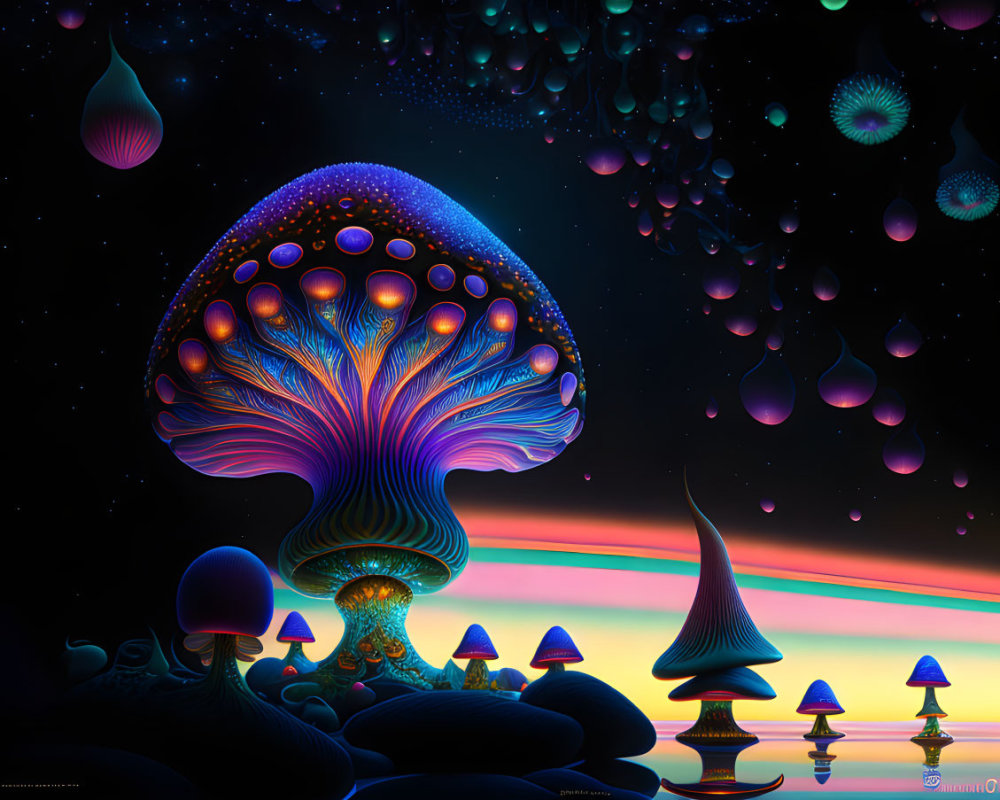 Surreal artwork: Neon-lit bioluminescent mushroom forest