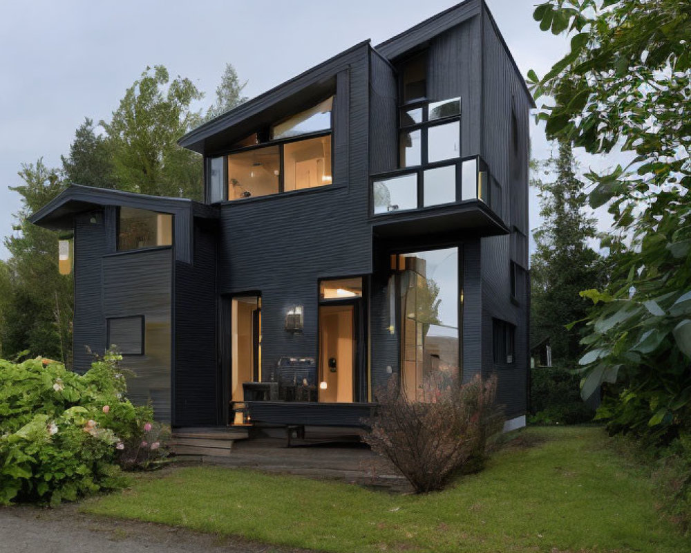 Contemporary two-story black house with large windows and balcony in evening light