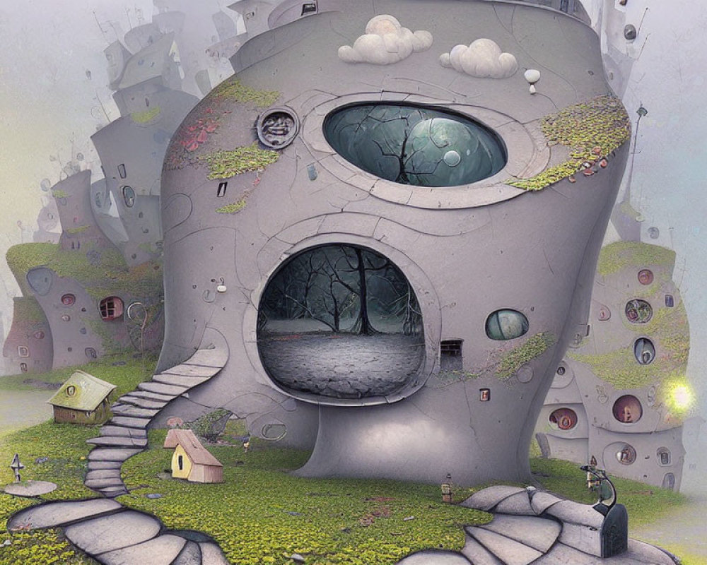 Surreal digital artwork: Faces, quirky houses, dreamlike landscape