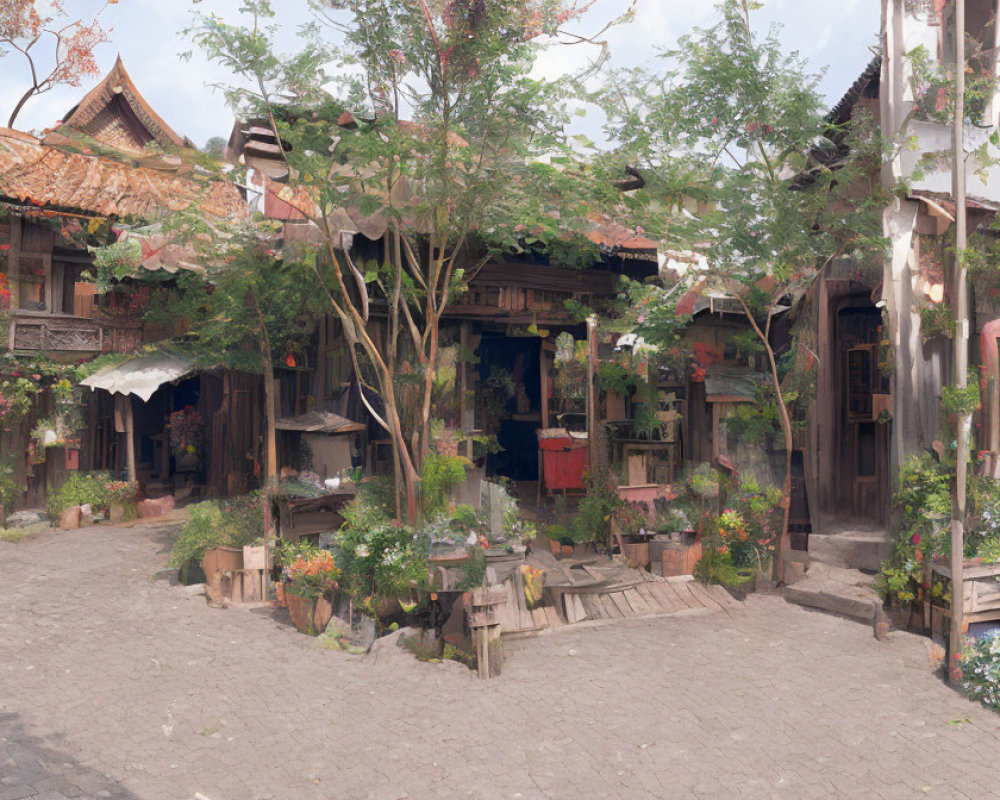 Traditional wooden buildings and trees in serene street scene