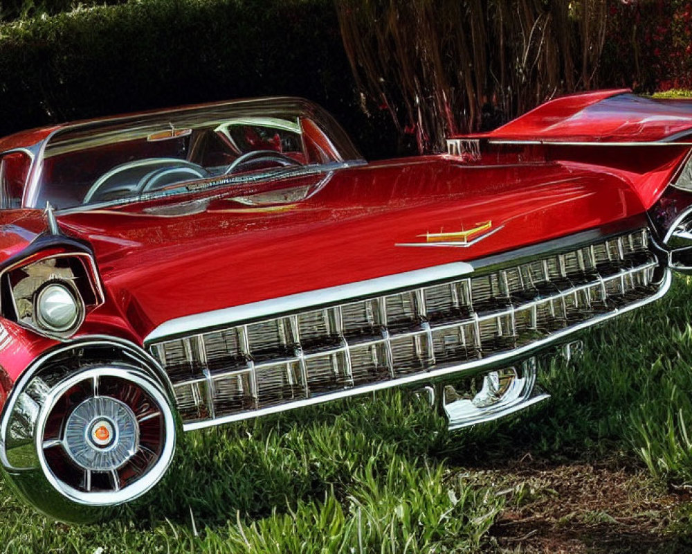 Digitally altered surreal red Cadillac with exaggerated features