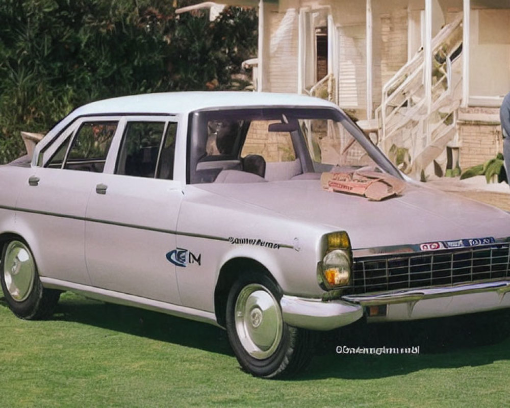 Vintage White Sedan Car Parked with Smiling Man on Lawn