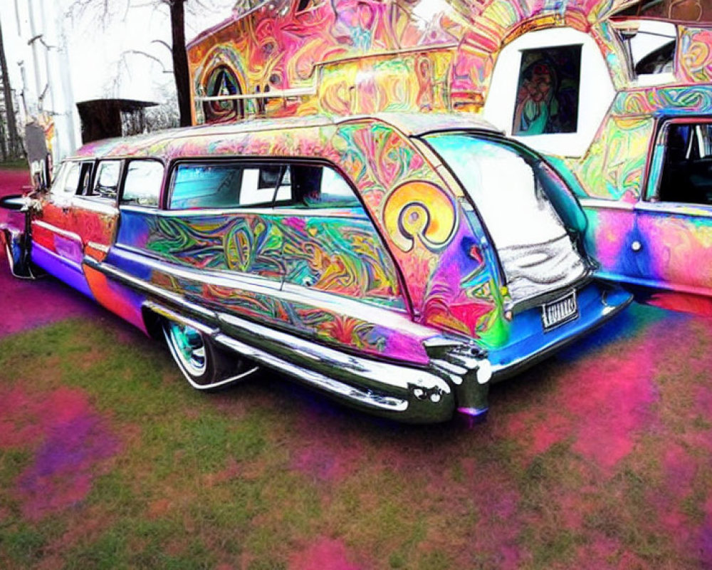 Colorful Psychedelic Swirls on Classic Limousine Parked on Grass