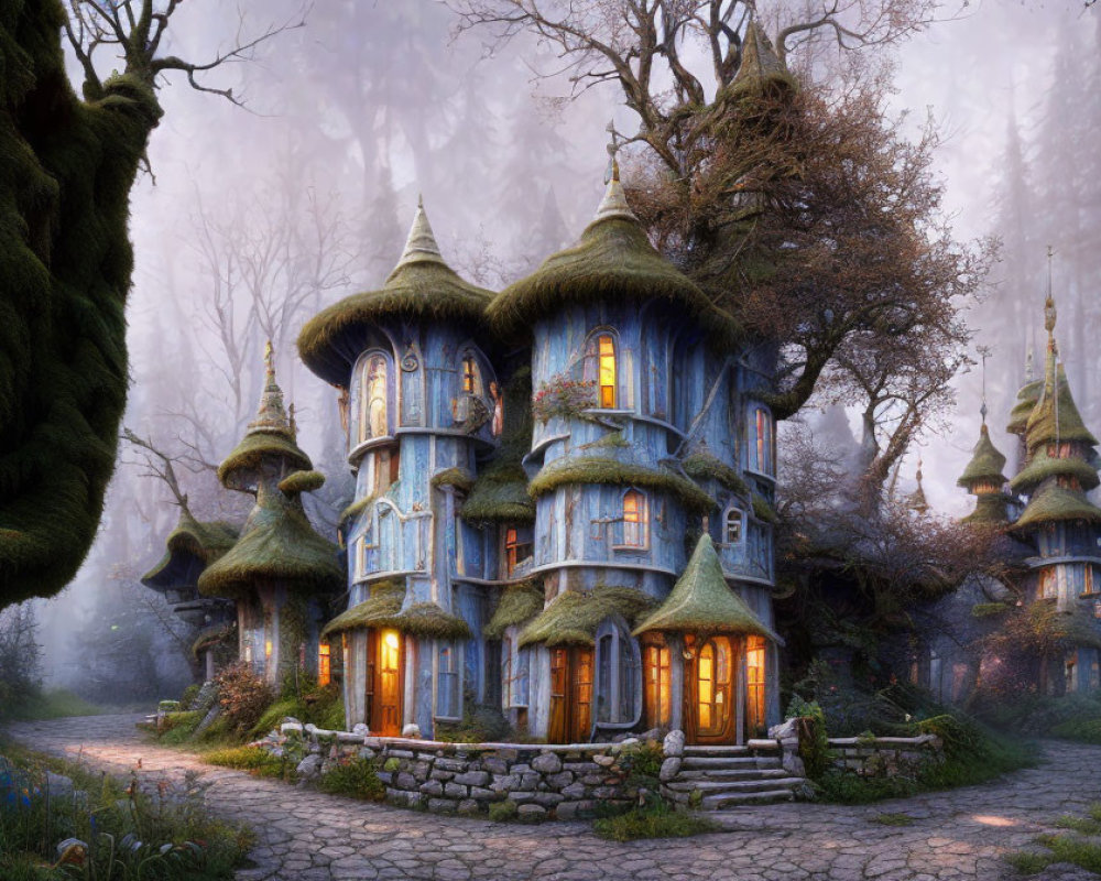 Mushroom-shaped House in Misty Forest with Glowing Windows