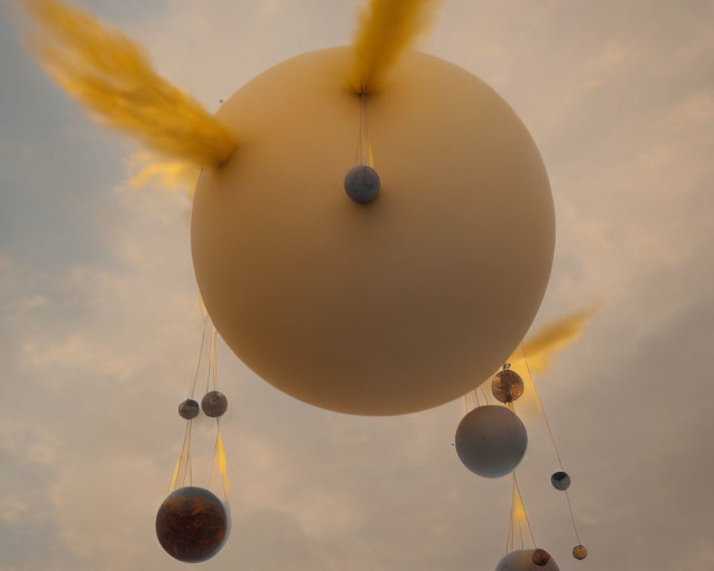 Large beige sphere with smaller spheres against cloudy sky and yellow streaks.