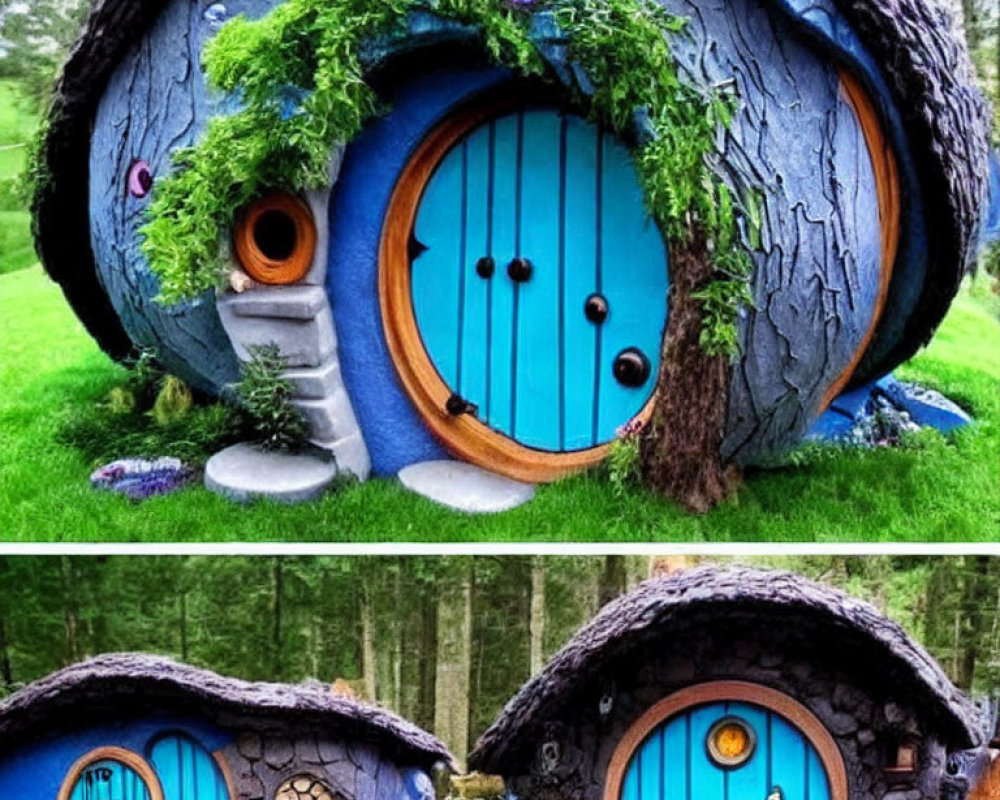 Whimsical hobbit-like house in lush green forest with round blue door