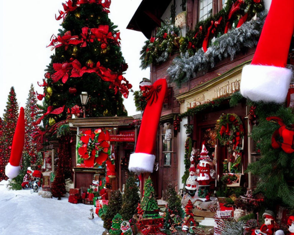 Snowy Christmas Scene with Trees, Presents, Stockings, and Garlands