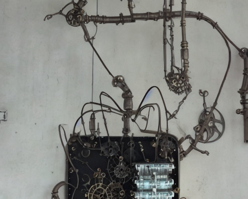 Industrial Wall-Mounted Kinetic Sculpture with Metallic Pipes & Gears