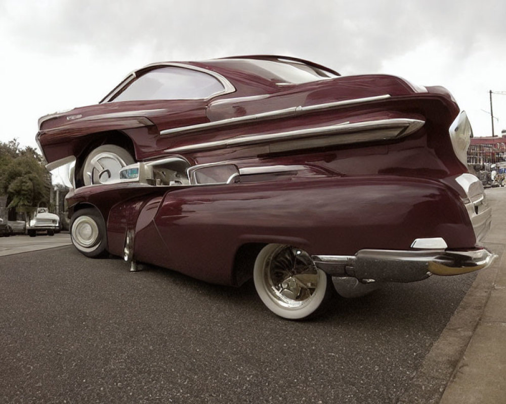 Distorted classic car with exaggerated features on urban street backdrop