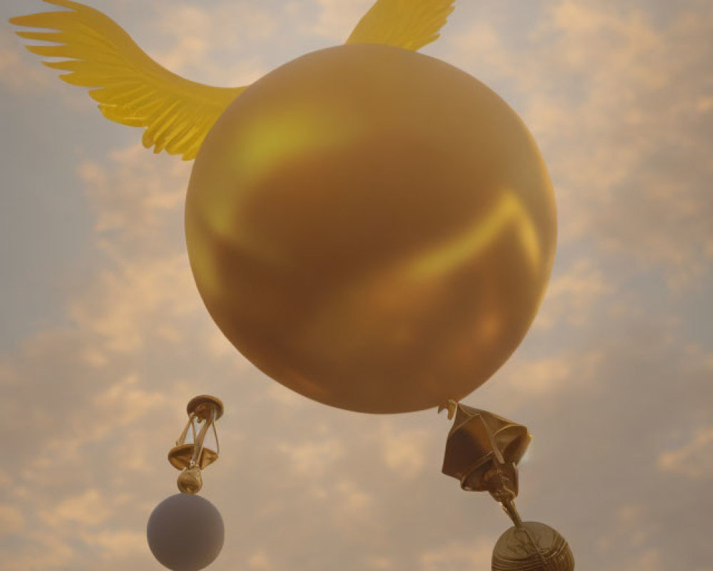 Golden snitch with wings and scepter against cloudy sky