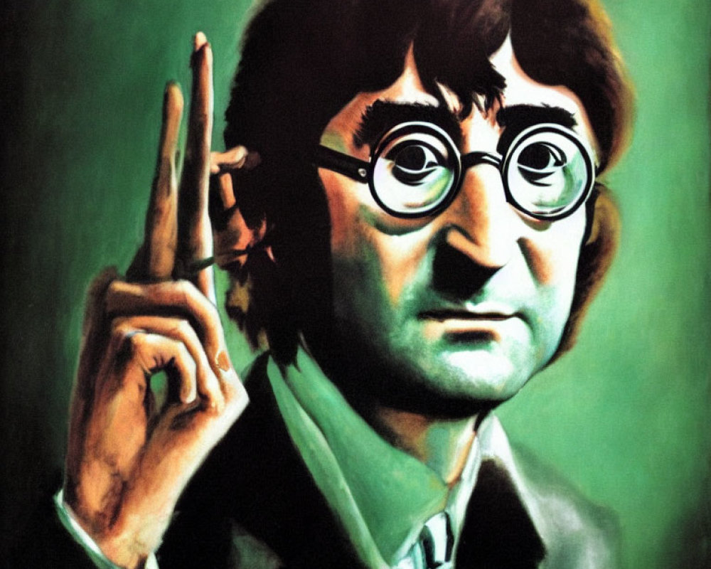 Vibrant painting of man with round glasses making peace sign