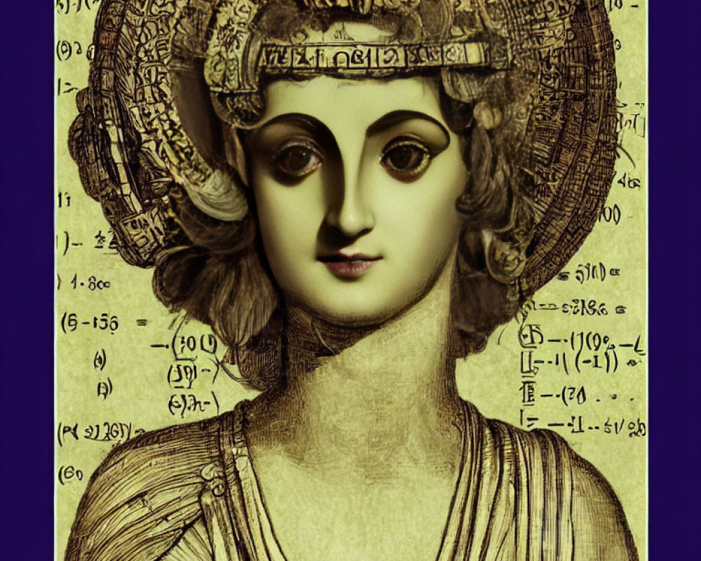 Ancient female bust with mathematical equations on textured yellow background