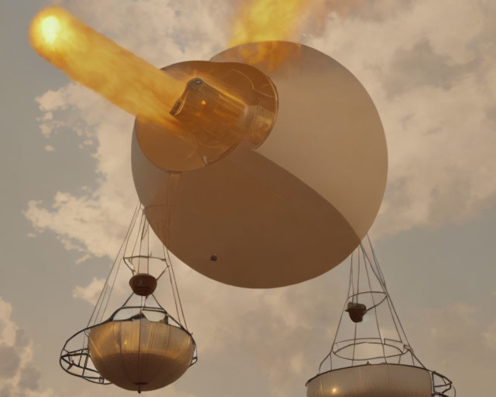 Giant retro-futuristic airship with gondolas and flames in cloudy sky