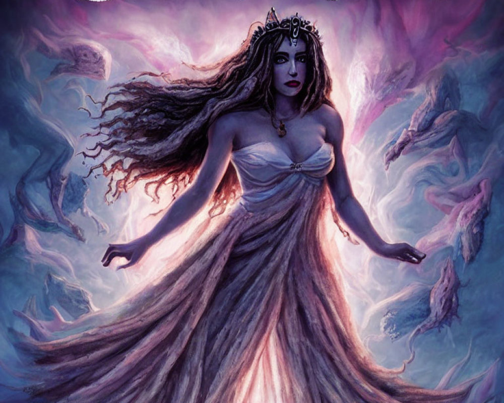 Majestic floating woman with crown in mystical purple clouds