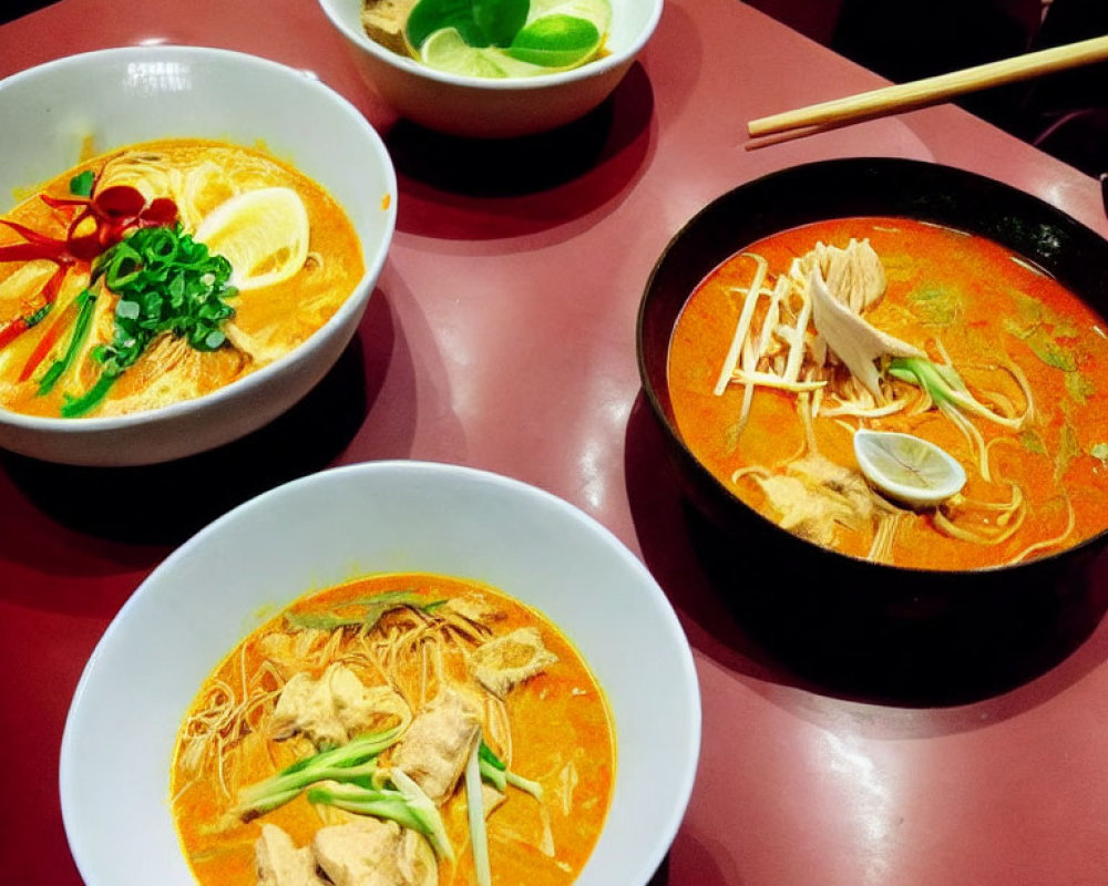 Asian noodle soup with red broth and toppings, chopsticks and lime slices.