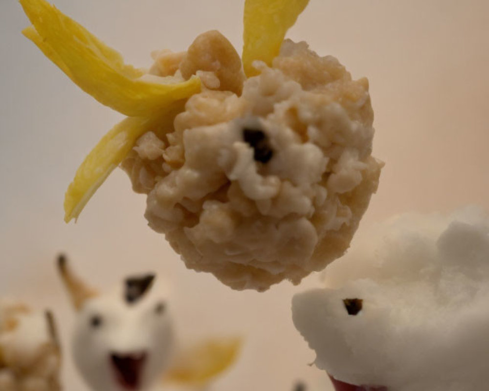 Whimsical popcorn sculpture of a jumping sheep with corn husk ears & tail