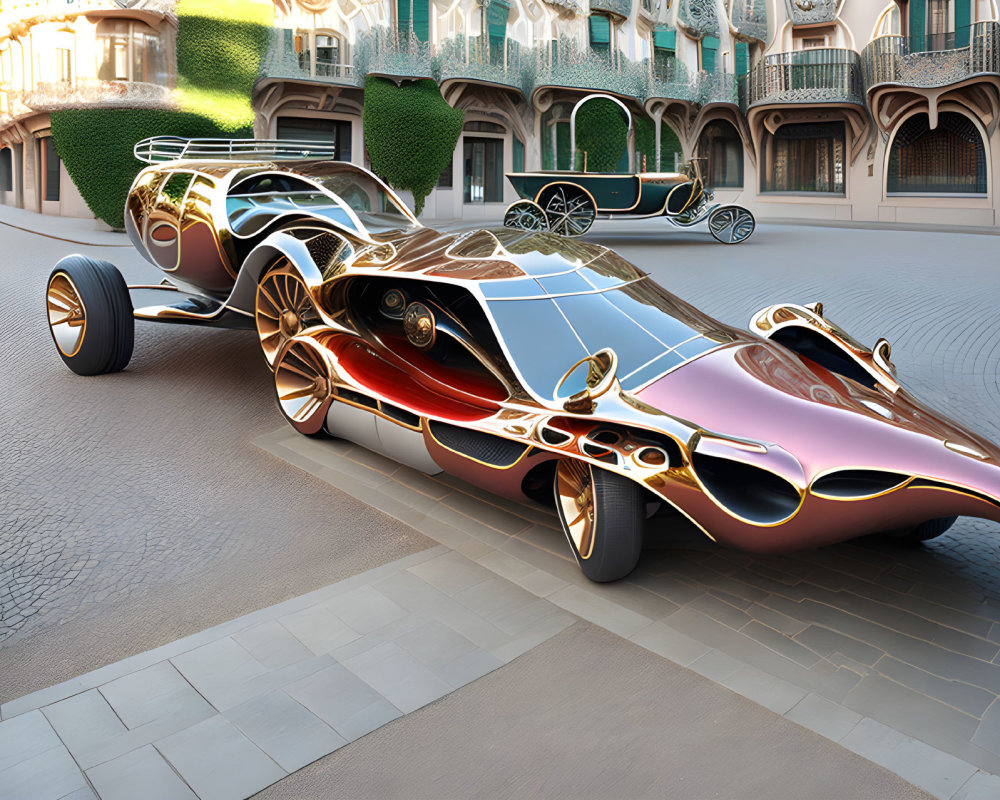 Futuristic orange and chrome concept car parked next to classic green vintage vehicle on cobblestone street