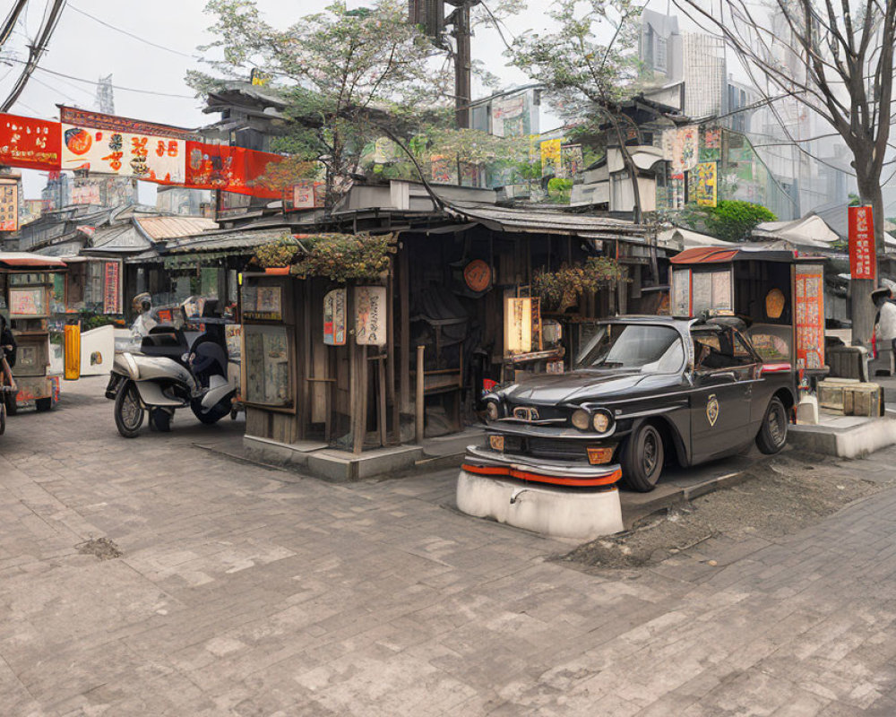 Vintage black car parked by rustic street stall with red lanterns and banners on urban street