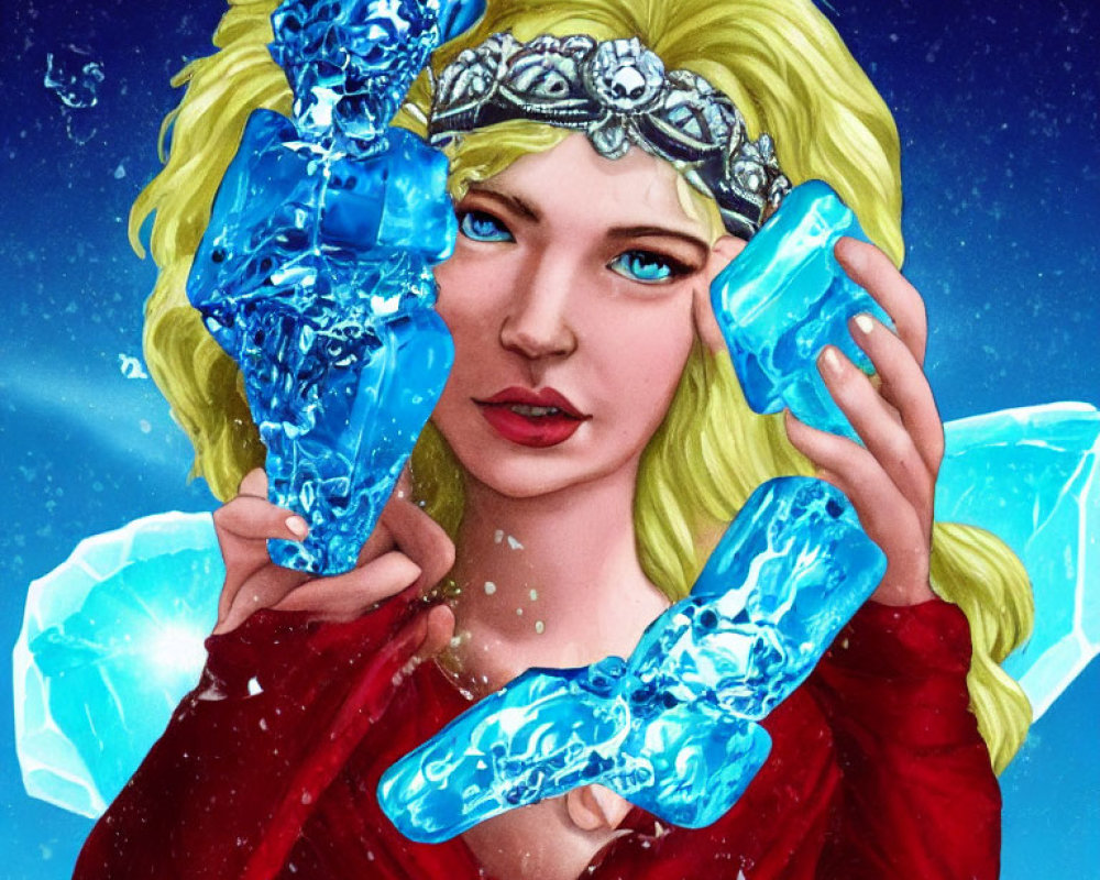 Blonde Woman with Blue Crystals in Icy Setting