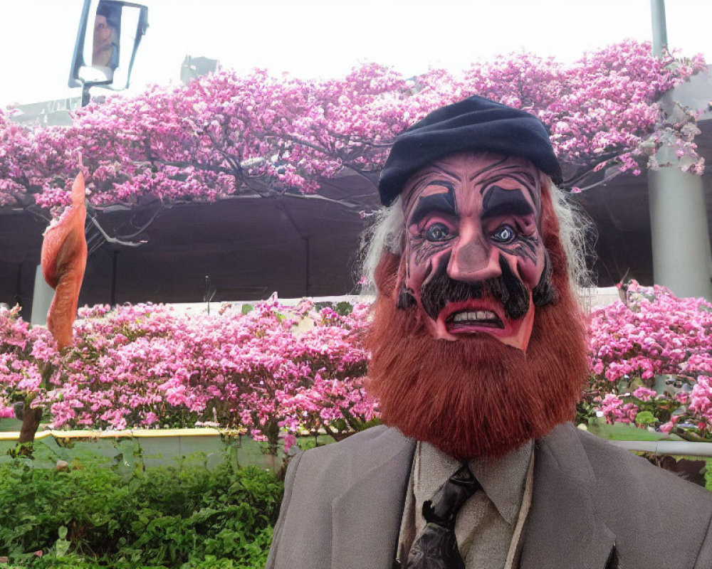 Exaggerated comical mask costume in front of pink flowers