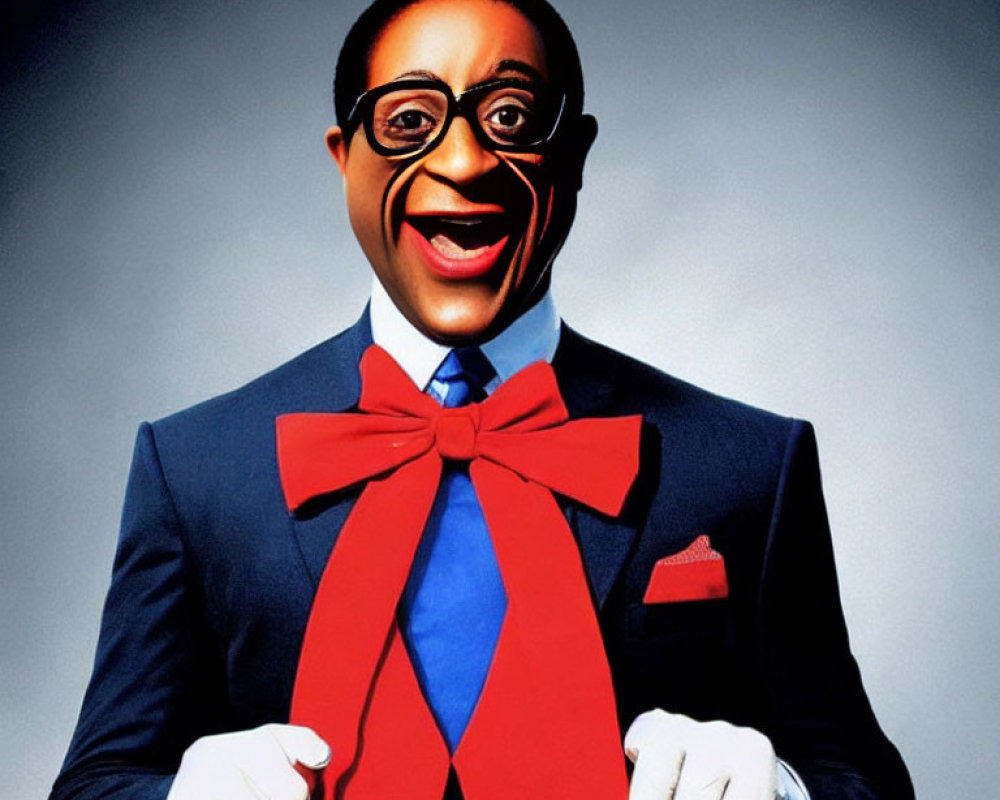 Man with Exaggerated Smile, Large Glasses, Red Bowtie, Blue Suit Illustration