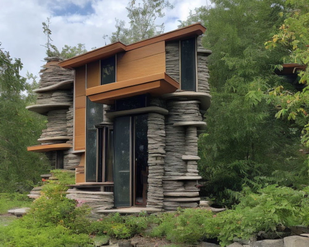 Modern House with Stacked Stone Pillars and Wooden Upper Structures in Green Setting