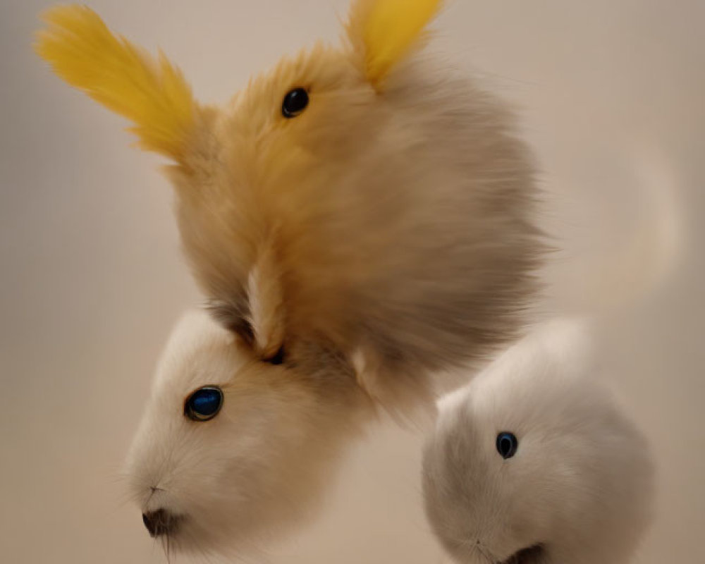 Surreal digital art: Three fused rabbits on soft brown background