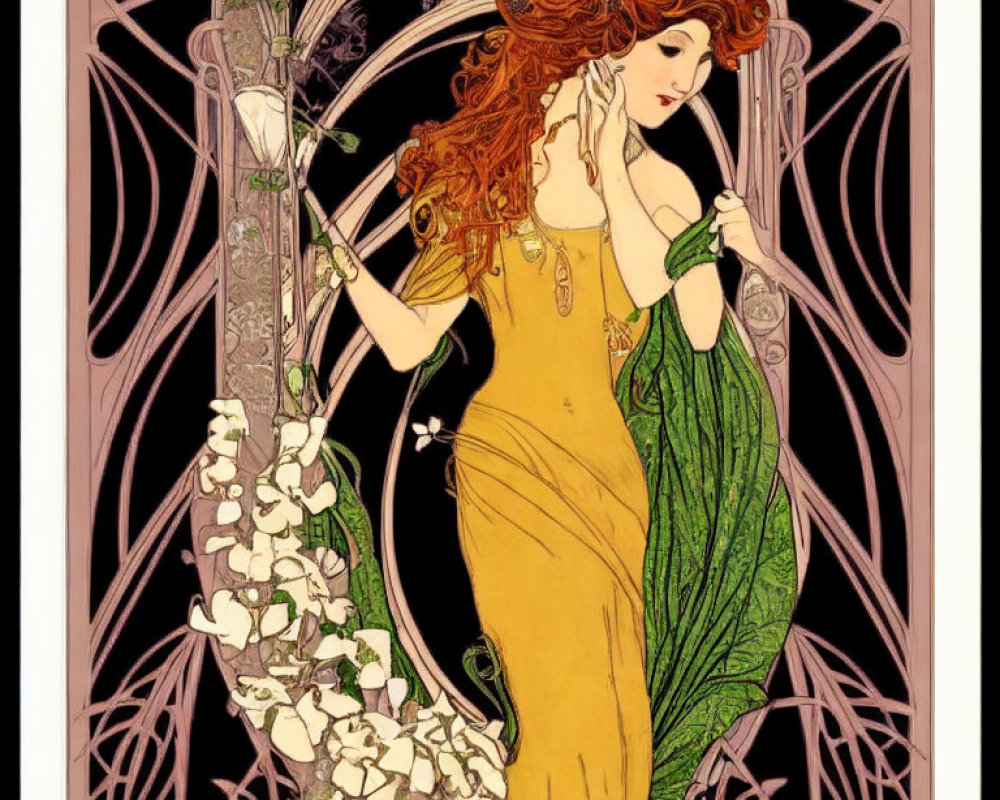 Art Nouveau Style Illustration of Woman with Red Hair in Yellow Dress