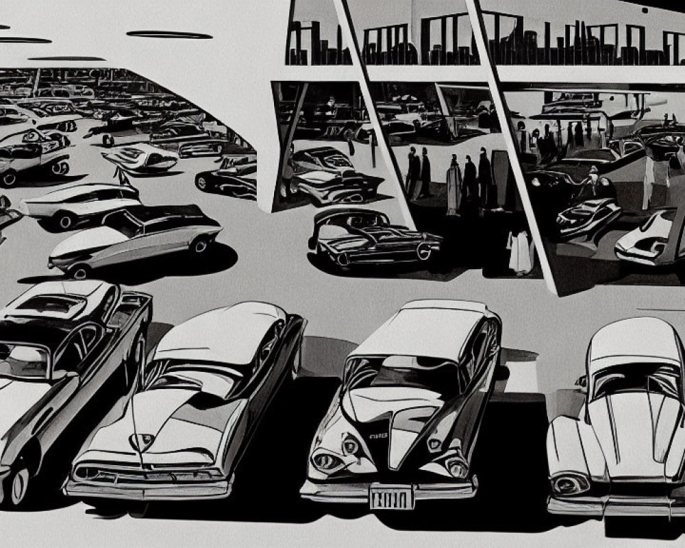 Vintage Car Parking Lot Illustration with Classic Cars and People