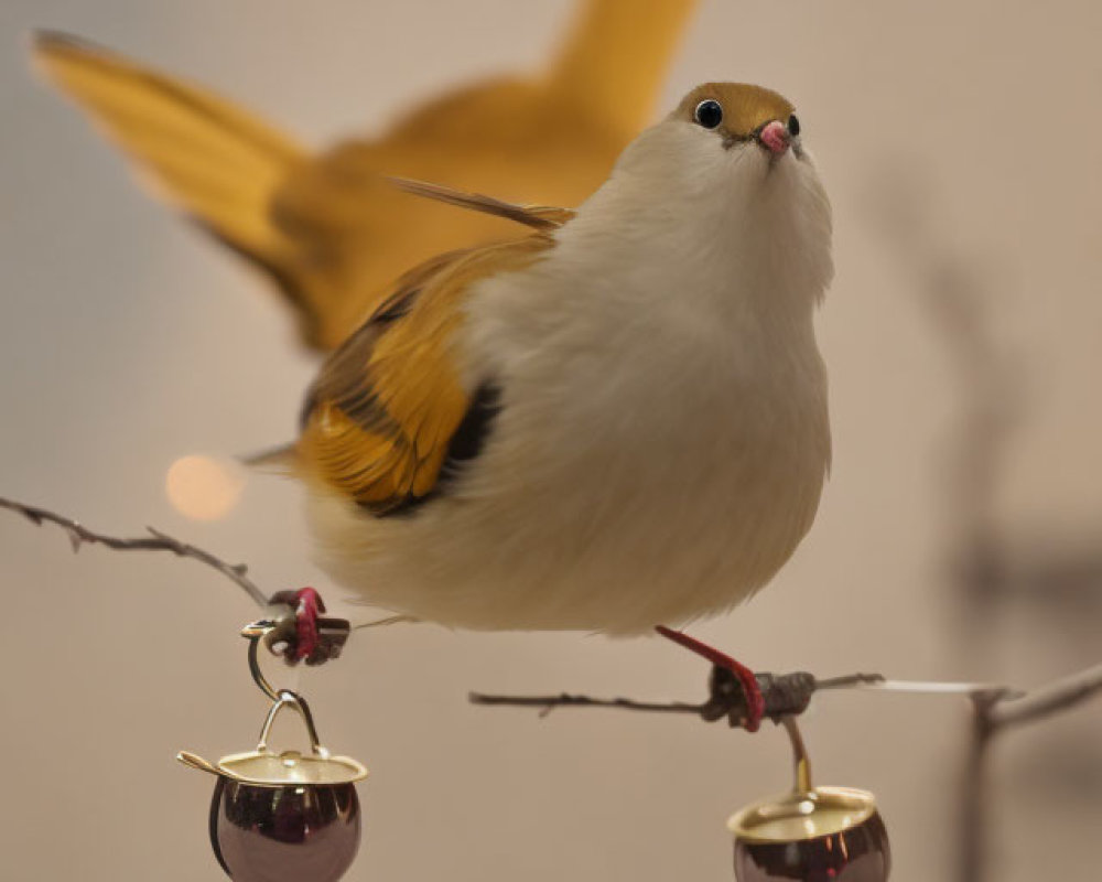 Yellow-winged artificial bird perched on branch with red and gold bells