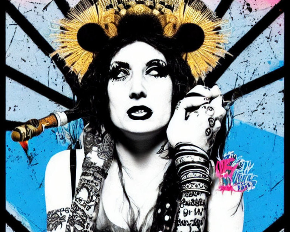 Vibrant pop art portrait with person in headdress and microphone stand