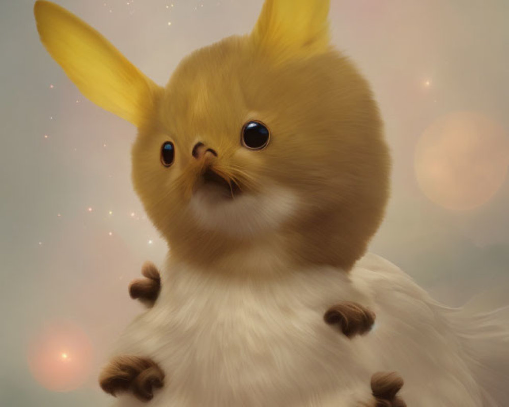 Fluffy white duckling body with Pikachu head under starry sky