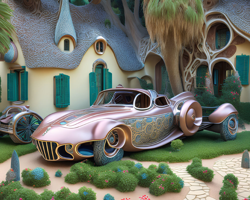 Fantastical scene with organic architecture and retro-futuristic cars in vibrant garden.