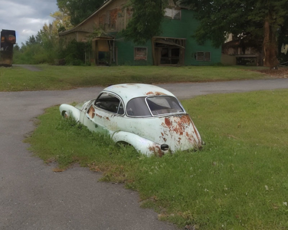 Rusty car submerged in grass near dilapidated buildings