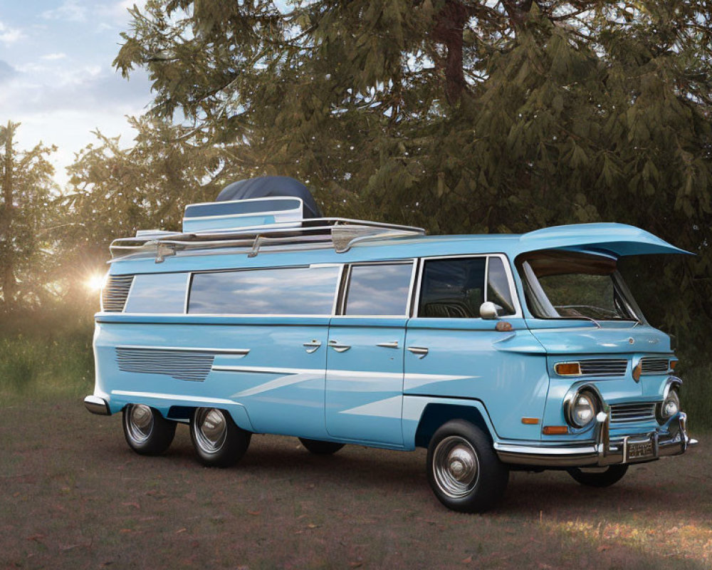 Vintage Blue Van with Surfboards Parked in Grassy Area